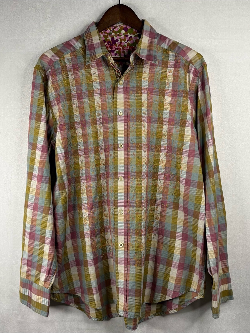 Robert Graham Shirt Mens Large Multicolor Plaid Embroidered Flip Cuff Button